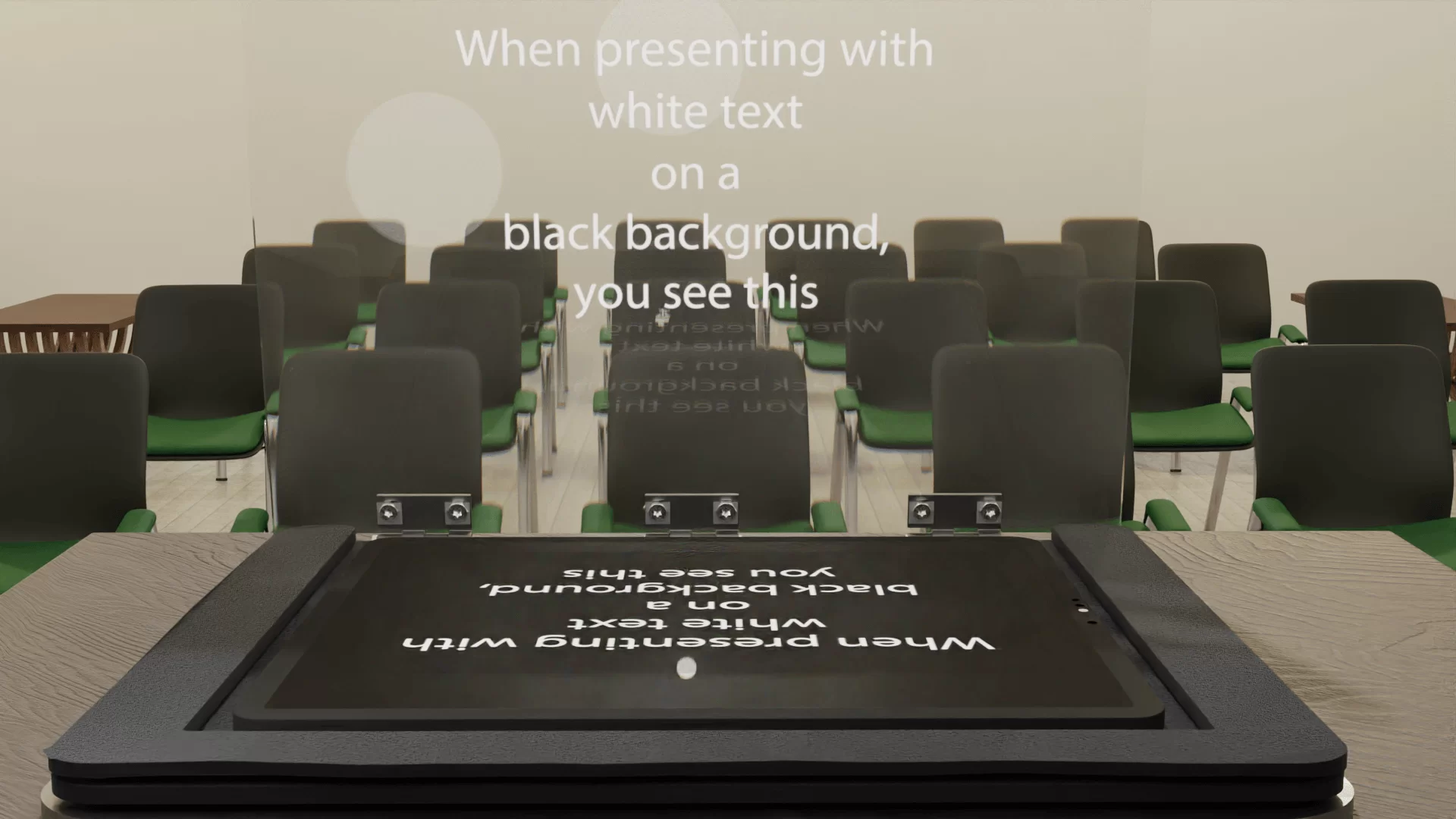 The image showcases a presenter confidently reading easily readable text from a sleek teleprompter in front of an engaged audience.